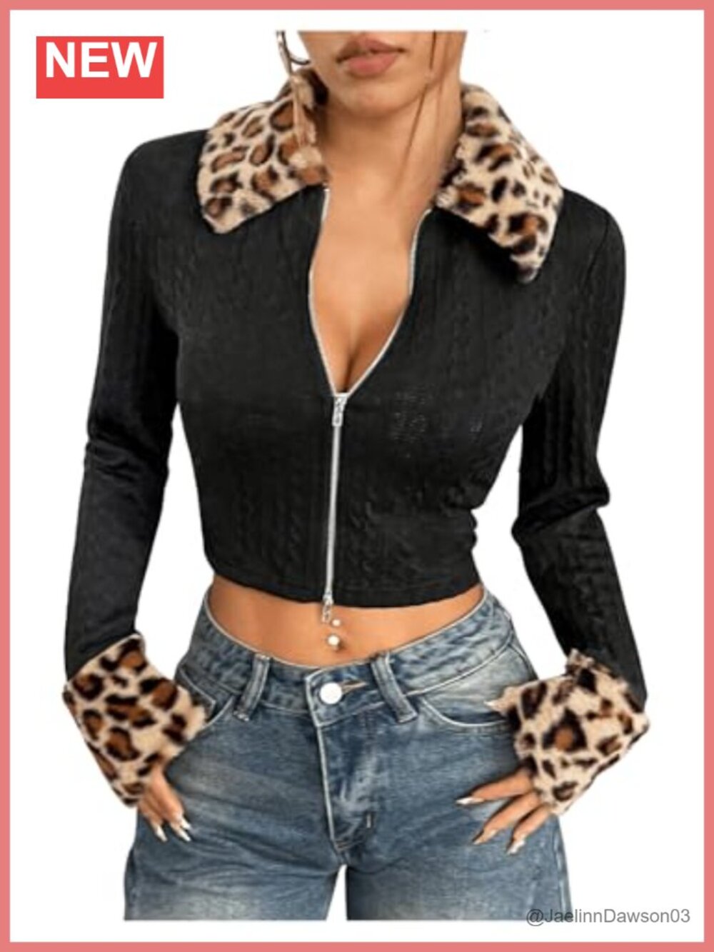 Y2K Leopard Faux Fur Trim Crop Jacket Clubwear Zip Up Coat